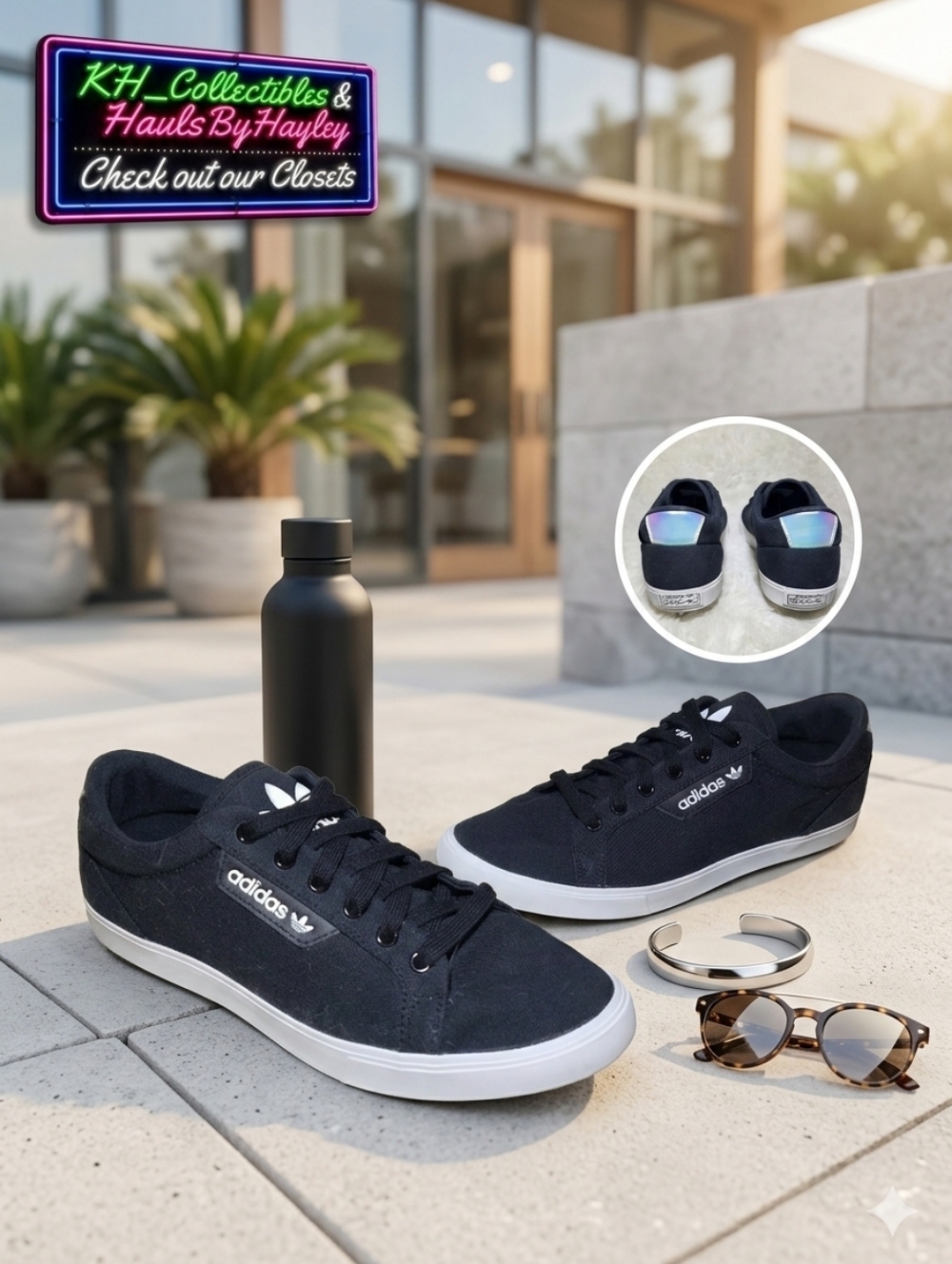 Adidas Originals Sleek Black Canvas Iridescent Holographic Low Top Sneakers Sz 7